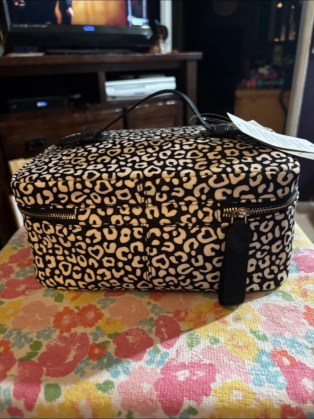 kate spade Black and Cream Leopard Print Cosmetic Train Case